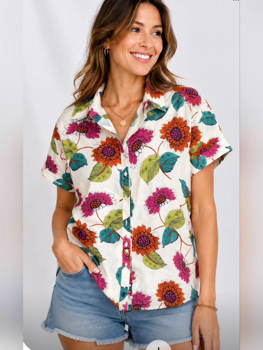 Tommy Bahama 100% Linen Floral Button-Down Short Sleeve Shirt Size M